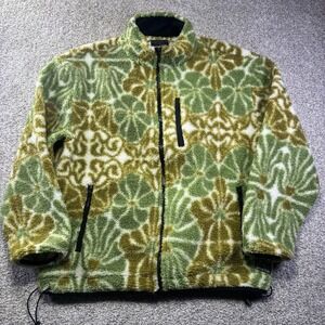 Free Nature Jacket Mens Small Green Fleece Full Zip Floral Sherpa Outdoor Cozy